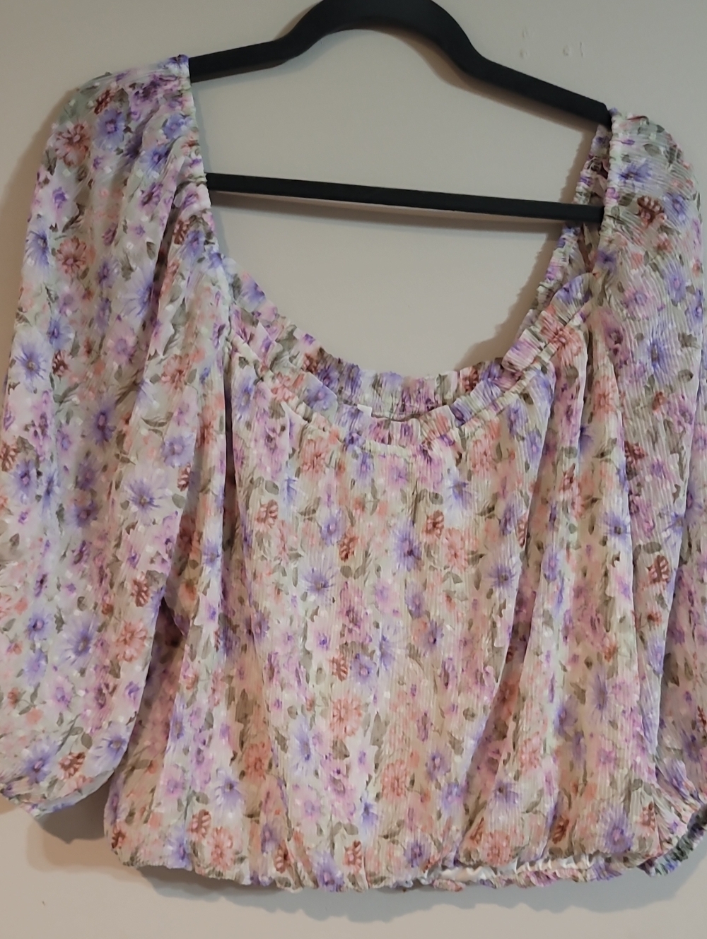 Lush Floral Puff-Sleeve Blouse in Lavender, Pink and Cream